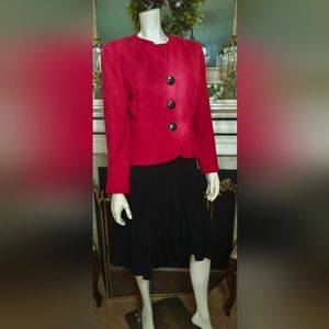 Vintage 1980s Christian Dior Black & Red Wool Dress, Belt, & Matching Blazer